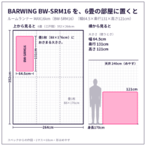 BW-SRM16 を、6畳（江戸間）の部屋に置いた図と、身長170cm の人・天井とくらべた図。スペックからの作図