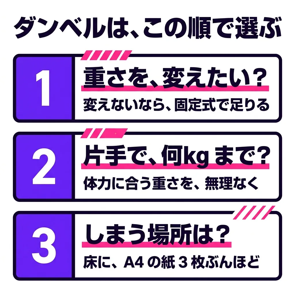 ダンベルを選ぶ順番。1つ目は、重さを変えたいか（変えないなら、固定式で足りる）。2つ目は、片手で何kg まで要るか（体力に合う重さを、無理なく）。3つ目は、しまう場所（床に、A4 の紙 3枚ぶんほど）
