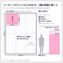 LE-CS200 を、6畳（江戸間）の部屋に置いた図と、身長170cm の人・天井とくらべた図。スペックからの作図