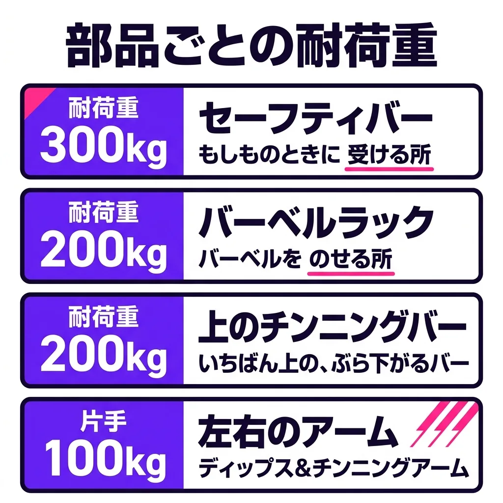 LE-HR100V の、部品ごとの耐荷重。セーフティバーは 300kg。バーベルラックは 200kg。上のチンニングバーは 200kg。ディップス&チンニングアームは片手 100kg