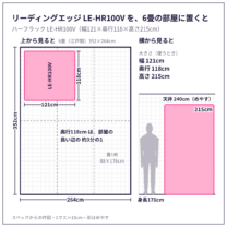 LE-HR100V を、6畳（江戸間）の部屋に置いた図と、身長170cm の人・天井とくらべた図。スペックからの作図