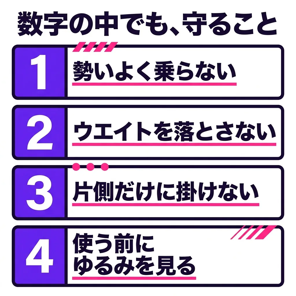 耐荷重の数字の中でも、守ること。1つ目は、勢いよく乗らない。2つ目は、ウエイトを落とさない。3つ目は、片側だけに掛けない。4つ目は、使う前にゆるみを見る