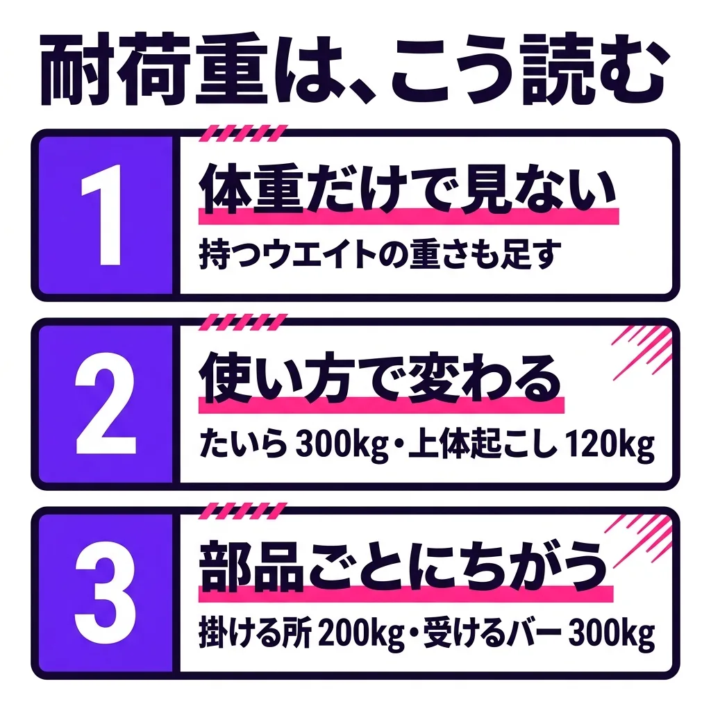 耐荷重の数字の読み方。1つ目は、体重だけで見ない(持つウエイトの重さも足す)。2つ目は、使い方で変わる(たいらで 300kg・上体起こしは 120kg)。3つ目は、部品ごとにちがう(掛ける所 200kg・受けるバー 300kg)