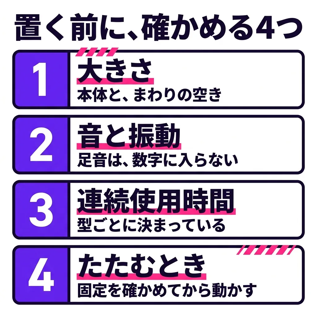 ランニングマシンを置く前に、確かめる4つ。1 大きさ：本体と、まわりの空き。2 音と振動：足音は、数字に入らない。3 連続使用時間：型ごとに決まっている。4 たたむとき：固定を確かめてから動かす
